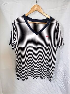Levi's Navy, White & Pink Striped V-Neck Tee with Red Logo